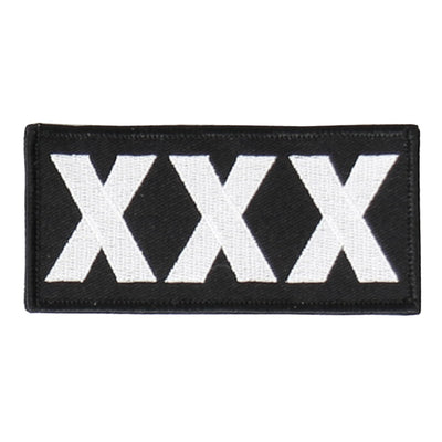 A black and white Hot Leathers Xxx 4" X 2" Patch, perfect for leather jackets or vests.