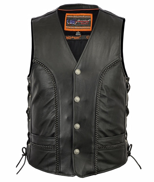 Daniel Smart Men's Braided Vest featuring a snap button front, side laces for an adjustable fit, and concealed carry pockets.