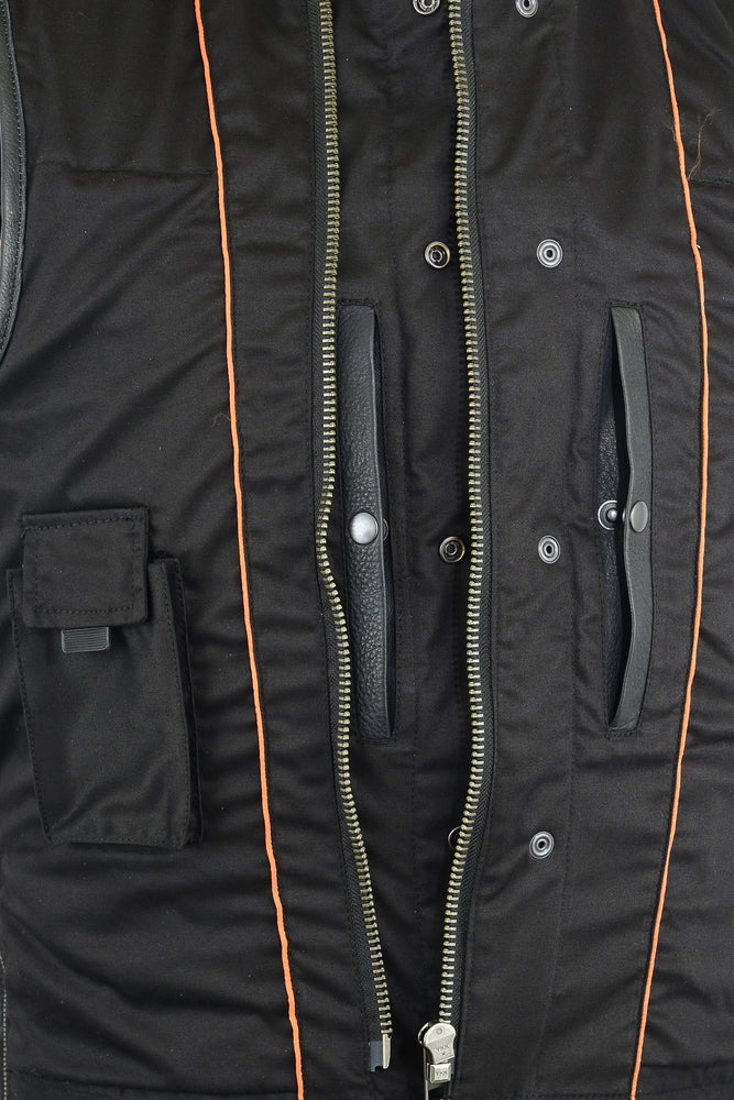 Close-up of a Daniel Smart Upgraded Style Gun Pockets, Hidden 10'' Gun Metal Zipper, Side with prominent stitching, gold zipper partially open, and multiple pockets, featuring adjustable side zippers for a customizable fit.