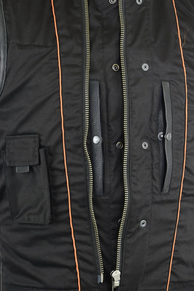 Close-up of a Daniel Smart Upgraded Style Gun Pockets, Hidden 10'' Gun Metal Zipper, Side with prominent stitching, gold zipper partially open, and multiple pockets, featuring adjustable side zippers for a customizable fit.