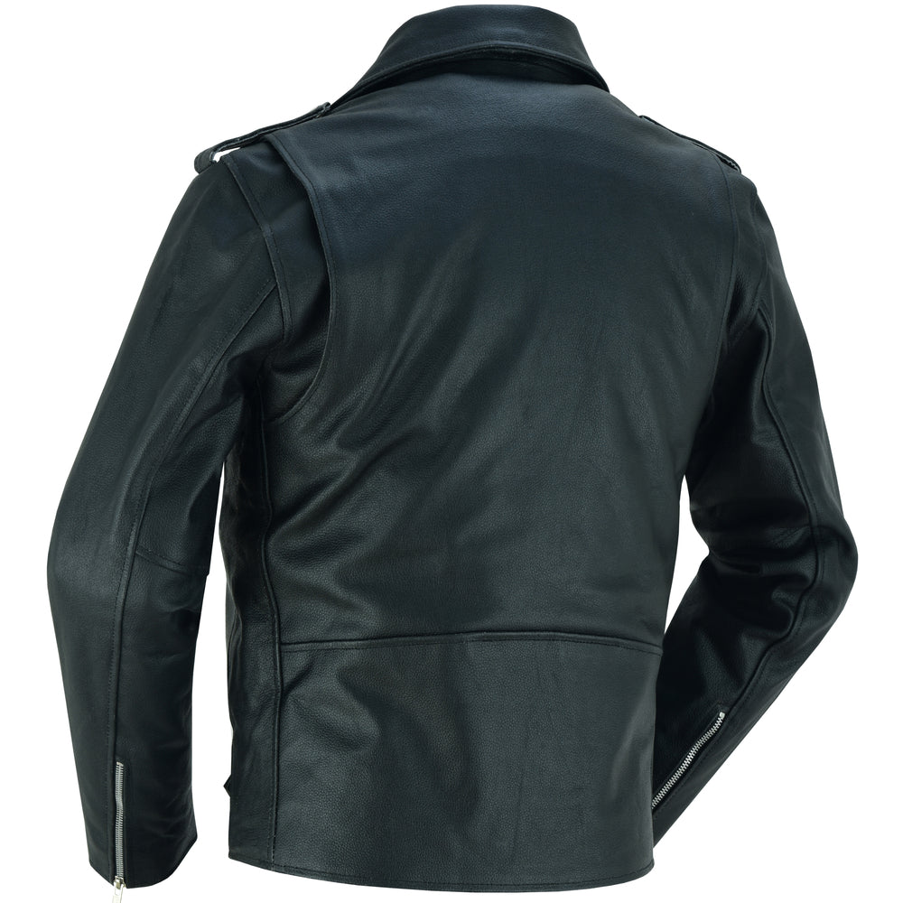 The Daniel Smart Economy Motorcycle Classic Biker Leather Jacket - Plain Sides, shown from the back, features black cowhide leather, shoulder epaulettes, zippered cuffs, and reinforced shoulder support.