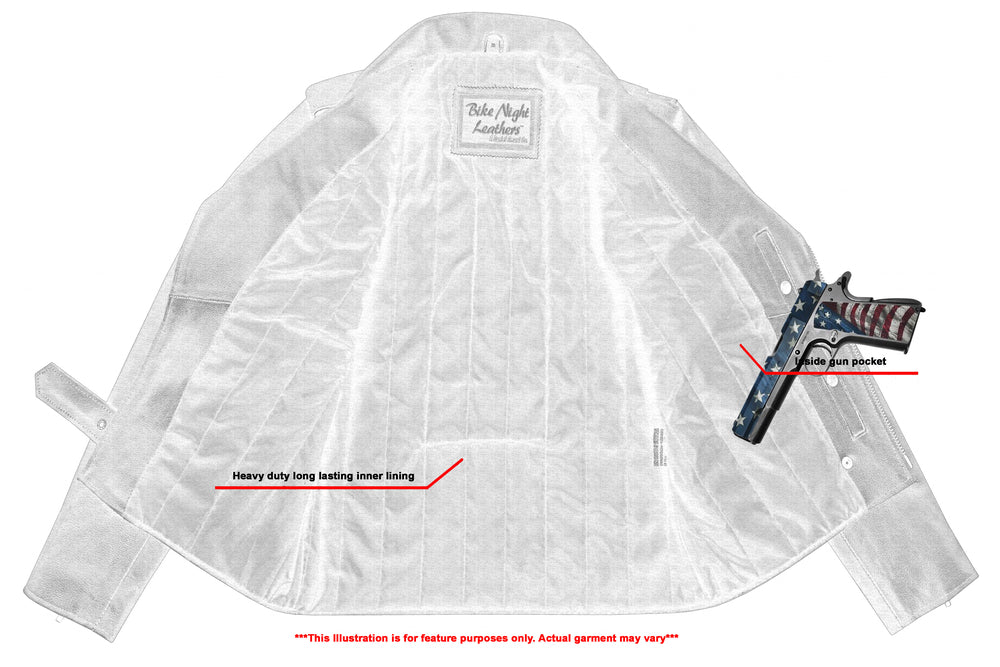 The Daniel Smart Economy Motorcycle Classic Biker Leather Jacket - Plain Sides features an illustrated concealed gun pocket, marked "holds gun pocket" and "heavy duty long lasting inner lining." The description also highlights reinforced shoulder support. Captions note that the illustration is for future purposes and may vary.