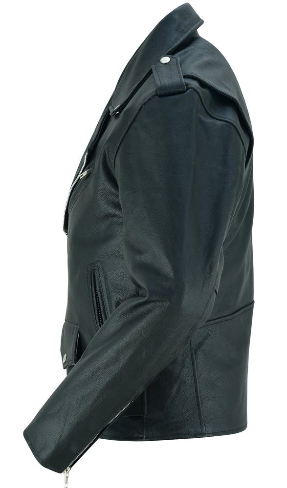 Side view of the Daniel Smart Economy Motorcycle Classic Biker Leather Jacket - Plain Sides, featuring black cowhide leather, silver zippers, reinforced shoulder support, shoulder epaulettes, and a pointed collar.