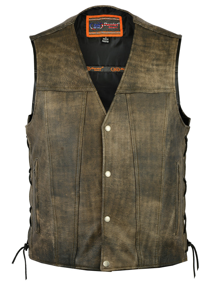 The Daniel Smart Men's Antique Brown Single Back Panel Concealed Carry Vest is a rugged and stylish piece featuring distressed brown leather with silver snap buttons and lace-up sides, along with a label on the inside collar for authenticity.