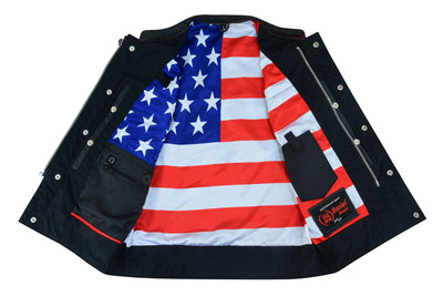 Daniel Smart MEN'S LEATHER VEST WITH RED STITCHING AND USA INSIDE FLAG LININ