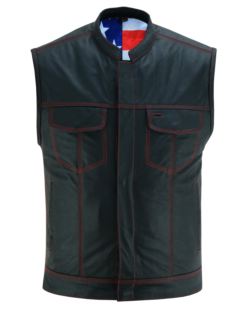 Daniel Smart MEN'S LEATHER VEST WITH RED STITCHING AND USA INSIDE FLAG LININ