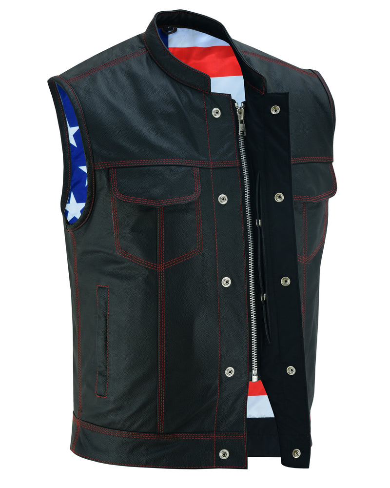 Daniel Smart MEN'S LEATHER VEST WITH RED STITCHING AND USA INSIDE FLAG LININ