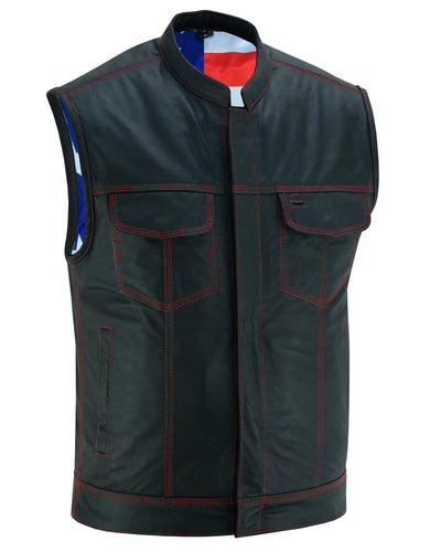 Daniel Smart MEN'S LEATHER VEST WITH RED STITCHING AND USA INSIDE FLAG LININ