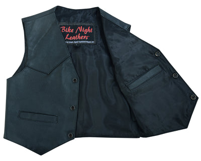 The Daniel Smart Toddler Traditional Style Plain Side Vest is a black leather vest featuring heavy-duty snaps, an inside pocket, and a "Bike Night Leathers" label on the inside back. Crafted from Milled Promo Cowhide, the vest opens to reveal its sleek black satin liner.