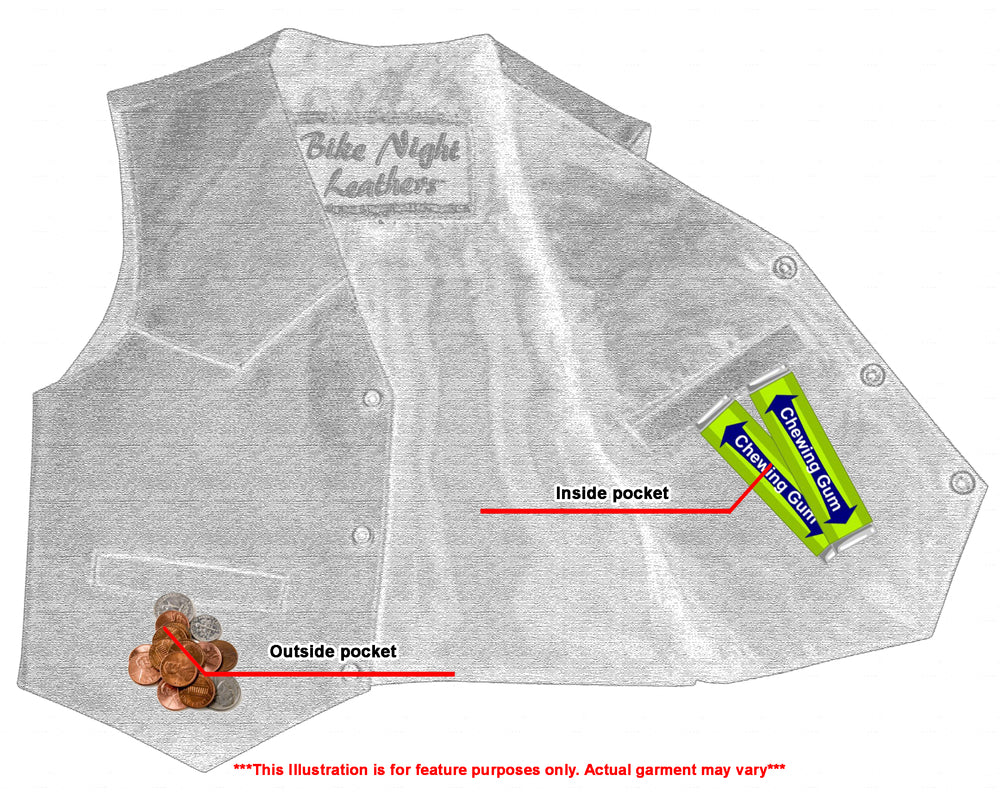 An illustration of the Daniel Smart Toddler Traditional Style Plain Side Vest made from Milled Promo Cowhide with heavy duty snaps, featuring a black satin liner. The labeled pockets show coins in the outside pocket and a pack of chewing gum in the inside pocket. Note states: illustration for feature purposes only, garment may vary.