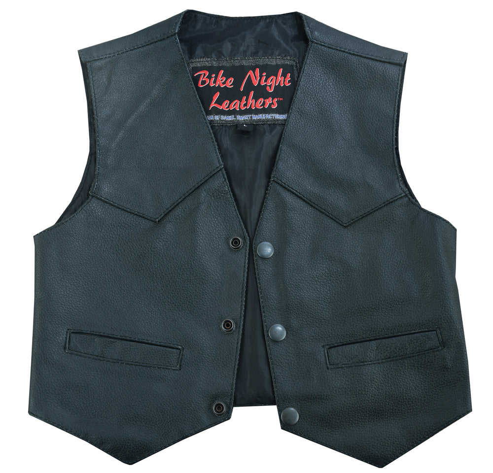 The Daniel Smart Toddler Traditional Style Plain Side Vest is a black leather vest featuring a three-button closure, heavy-duty snaps, and two front pockets. The black satin liner is printed with "Bike Night Leathers.