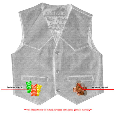 Diagram of a gray leather vest labeled "Daniel Smart Toddler Traditional Style Plain Side Vest" showing outside pockets with gummy bears in one pocket and coins in the other. The black satin liner adds a touch of luxury, and heavy-duty snaps ensure durability. Text below reads: "Illustration for feature purposes only. Actual garment may vary.