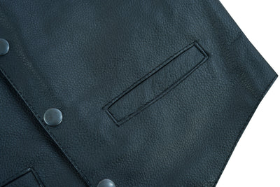 Close-up of the Daniel Smart Toddler Traditional Style Plain Side Vest in black leather, featuring a side pocket and heavy-duty snaps on the front, crafted from Milled Promo Cowhide.