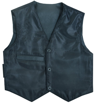 The Daniel Smart Toddler Traditional Style Plain Side Vest is a black satin vest with a V-neck and three heavy-duty snaps down the front, featuring a single breast pocket on the left side.