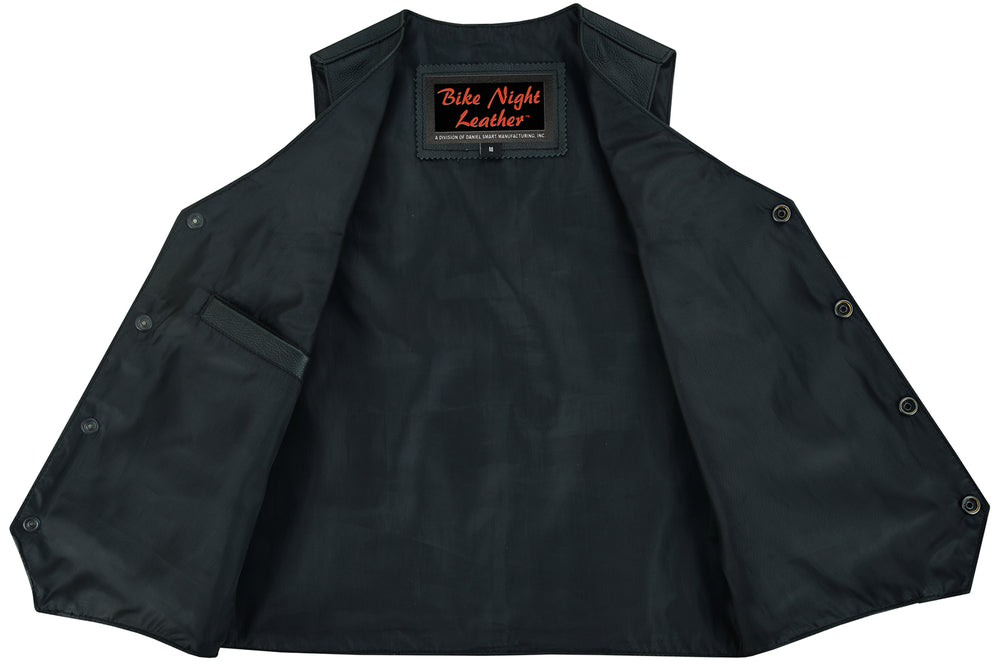 The Daniel Smart Kids Traditional Style Plain Side Vest, made of black leather and featuring a V-neck collar, is displayed open to reveal its inner lining and label that reads "Bike Night Leather." The vest is equipped with heavy-duty snaps along the front edges and includes a pocket on the inner left side.