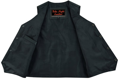 The Daniel Smart Kids Traditional Style Plain Side Vest, made of black leather and featuring a V-neck collar, is displayed open to reveal its inner lining and label that reads "Bike Night Leather." The vest is equipped with heavy-duty snaps along the front edges and includes a pocket on the inner left side.