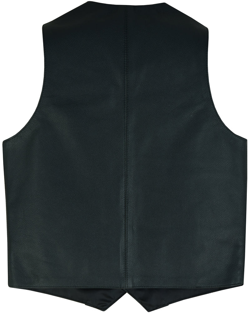 The Daniel Smart Kids Traditional Style Plain Side Vest, crafted from black cowhide leather and displayed from the back, showcases a simple design with noticeable stitching along the center and sides. It features heavy-duty snaps for enhanced durability and boasts a classic V-neck collar.