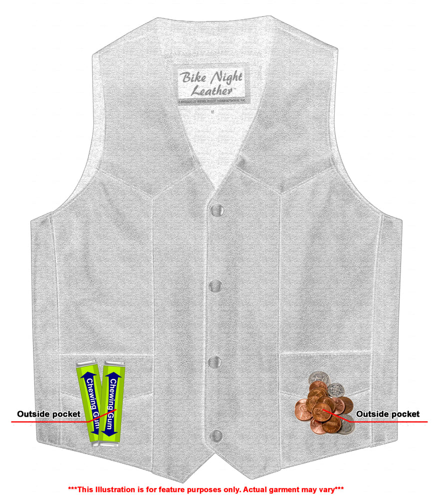 The Daniel Smart Kids Traditional Style Plain Side Vest is a sleeveless cowhide leather vest equipped with visible external pockets. It contains two tubes of Carmex in the left pocket and coins in the right pocket. With a V-neck collar and heavy-duty snaps, it is noted that the illustration is for feature purposes only.