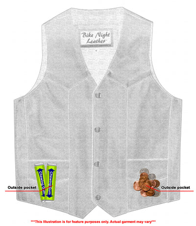 The Daniel Smart Kids Traditional Style Plain Side Vest is a sleeveless cowhide leather vest equipped with visible external pockets. It contains two tubes of Carmex in the left pocket and coins in the right pocket. With a V-neck collar and heavy-duty snaps, it is noted that the illustration is for feature purposes only.