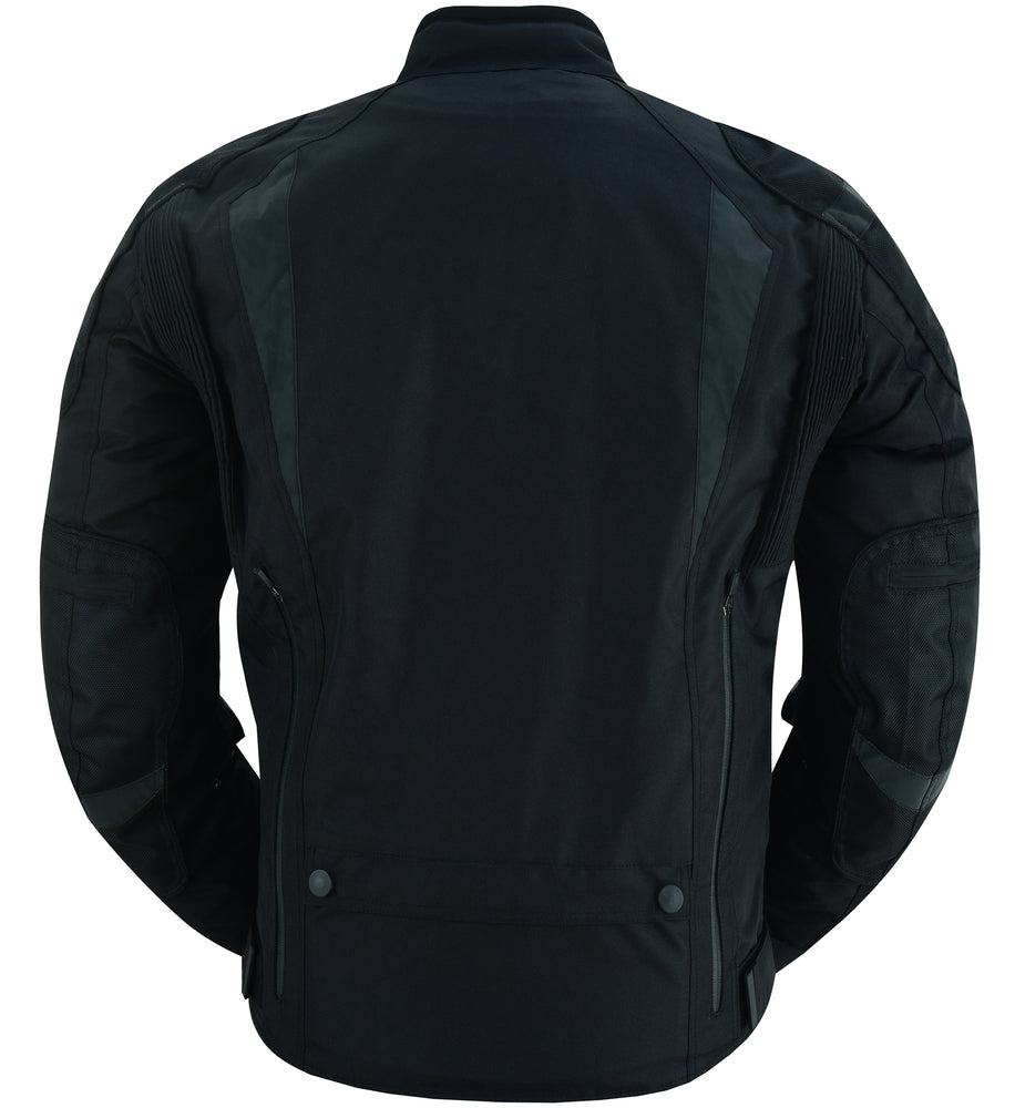 Rear view of a Daniel Smart Blast - Black waterproof motorcycle jacket with reinforced elbow patches and adjustable waist snaps.