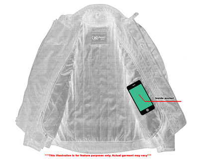 X-ray view of a Daniel Smart Blast - Black jacket with an inner pocket containing a smartphone, highlighted by a red arrow pointing to the pocket. Text on the image notes "this illustration is for feature purposes only.