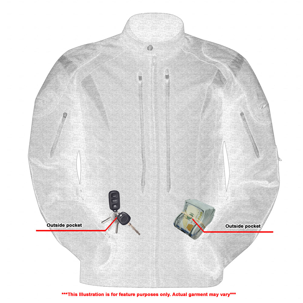 Illustration of a Daniel Smart Blast - Black waterproof jacket with labeled outside pockets, containing a car key and cash, with a note stating the image is for feature purposes only.