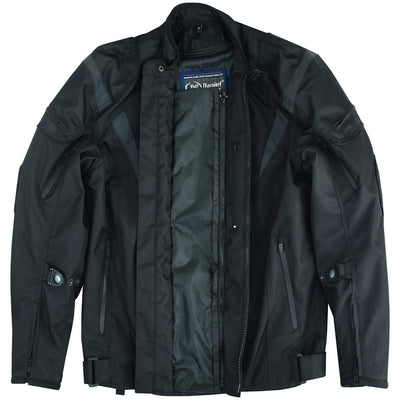 A Daniel Smart Blast - Black leather waterproof jacket with multiple zipper pockets and a visible label reading 'rain barrier' displayed against a white background.