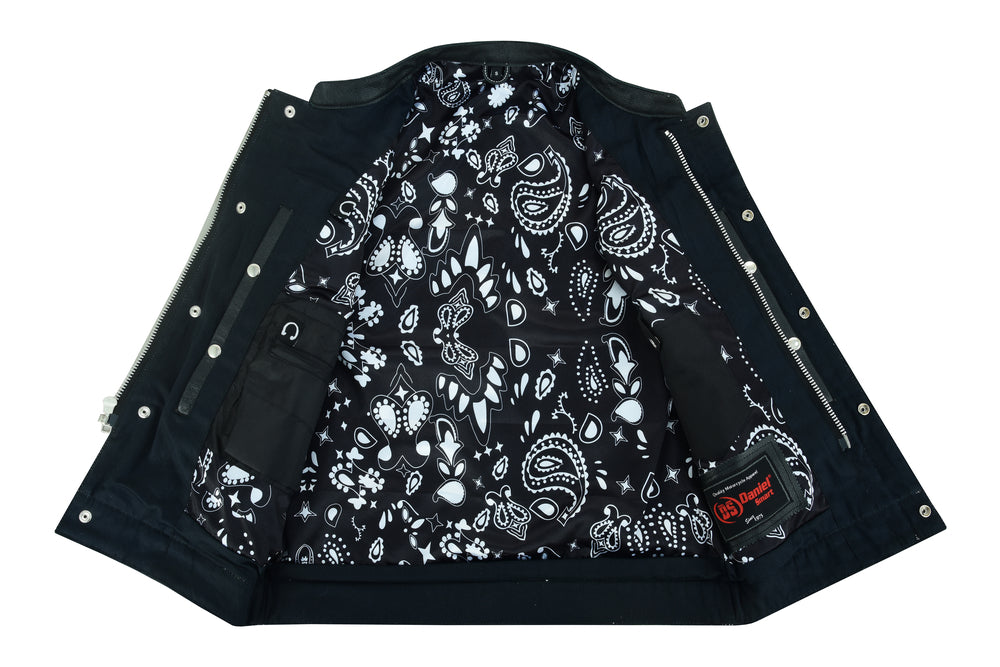 Daniel Smart Men's Paisley Black Leather Motorcycle Vest with White Stitching  displayed against a white background.
