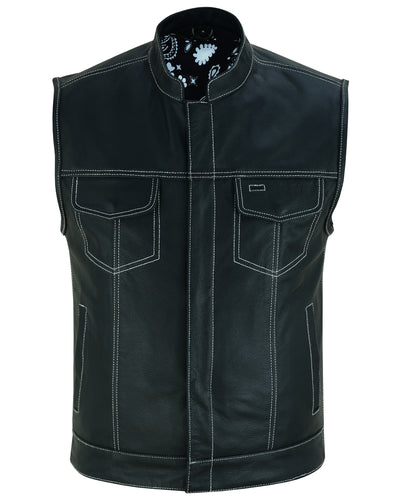 Daniel Smart Men's Paisley Black Leather Motorcycle Vest with White Stitching and decorative inner lining, featuring multiple pockets and a zipperless front.