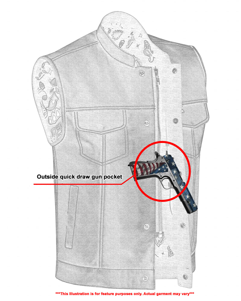 Technical illustration of a Daniel Smart Men's Paisley Black Leather Motorcycle Vest with White Stitching highlighting an outside quick-draw concealed gun pocket with a handgun inside, labeled for feature demonstration.