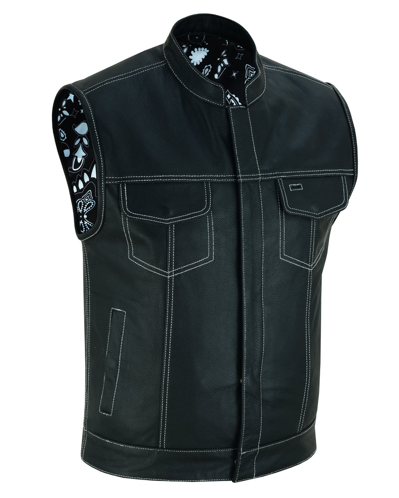 Daniel Smart Men's Paisley Black Leather Motorcycle Vest with White Stitching
