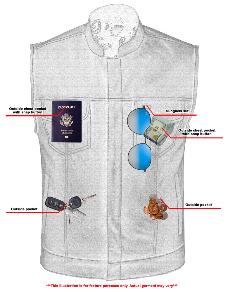 Illustration of a Daniel Smart Men's Paisley Black Leather Motorcycle Vest with White Stitchin with multiple pockets holding a passport, sunglasses, keys, and headphones, labeled to show placement.