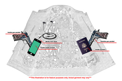 Illustration of a Daniel Smart Men's Paisley Black Leather Motorcycle Vest with White Stitchin laid flat, annotated to show various pockets and features including concealed gun pockets, media device, and passport, with a disclaimer about potential variations in the actual garment.