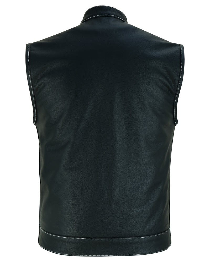 Back view of a Daniel Smart Men's Paisley Black Leather Motorcycle Vest with White Stitching, isolated on a white background.