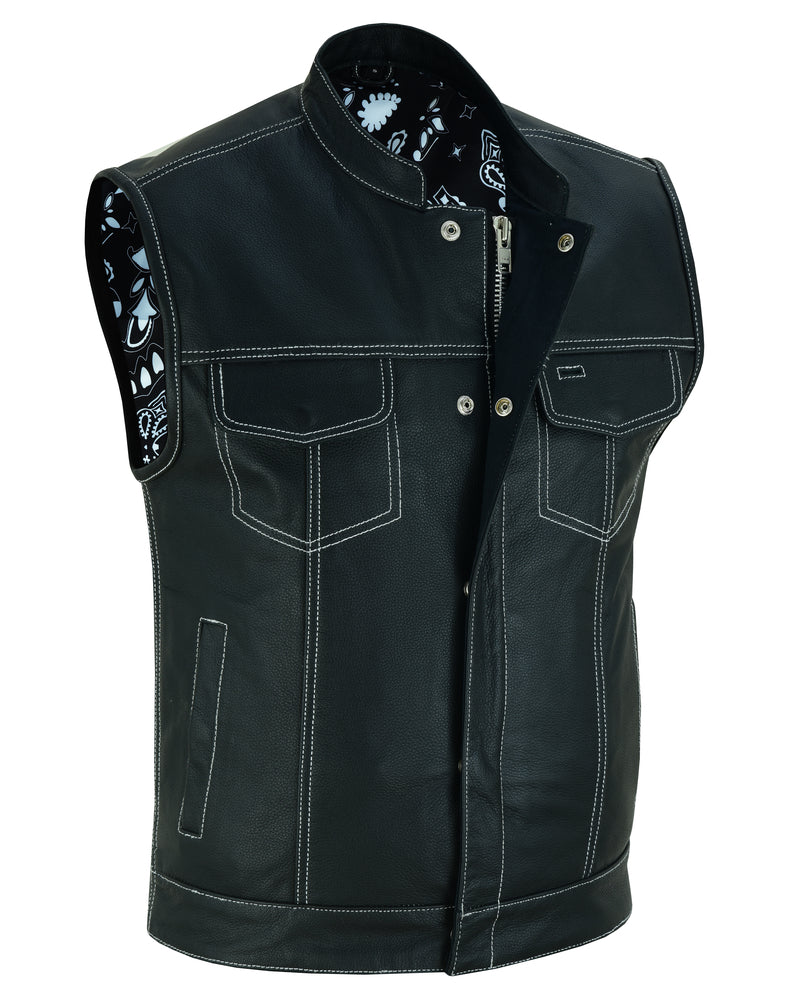 Daniel Smart Men's Paisley Black Leather Motorcycle Vest with White Stitching