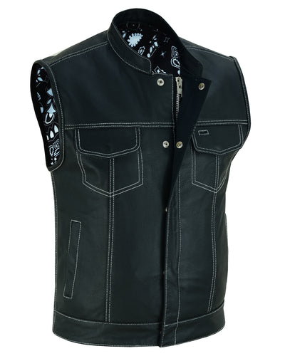 Daniel Smart Men's Paisley Black Leather Motorcycle Vest with White Stitching