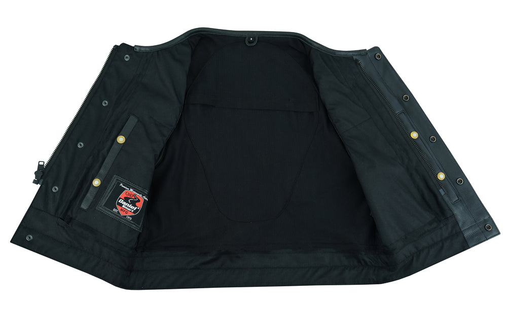 Daniel Smart Drop Zone cowhide leather motorcycle jacket laid flat, displaying interior lining and concealed gun pockets.