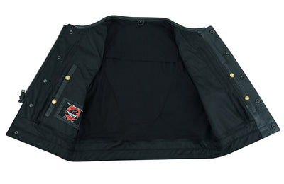 Daniel Smart Drop Zone cowhide leather motorcycle jacket laid flat, displaying interior lining and concealed gun pockets.