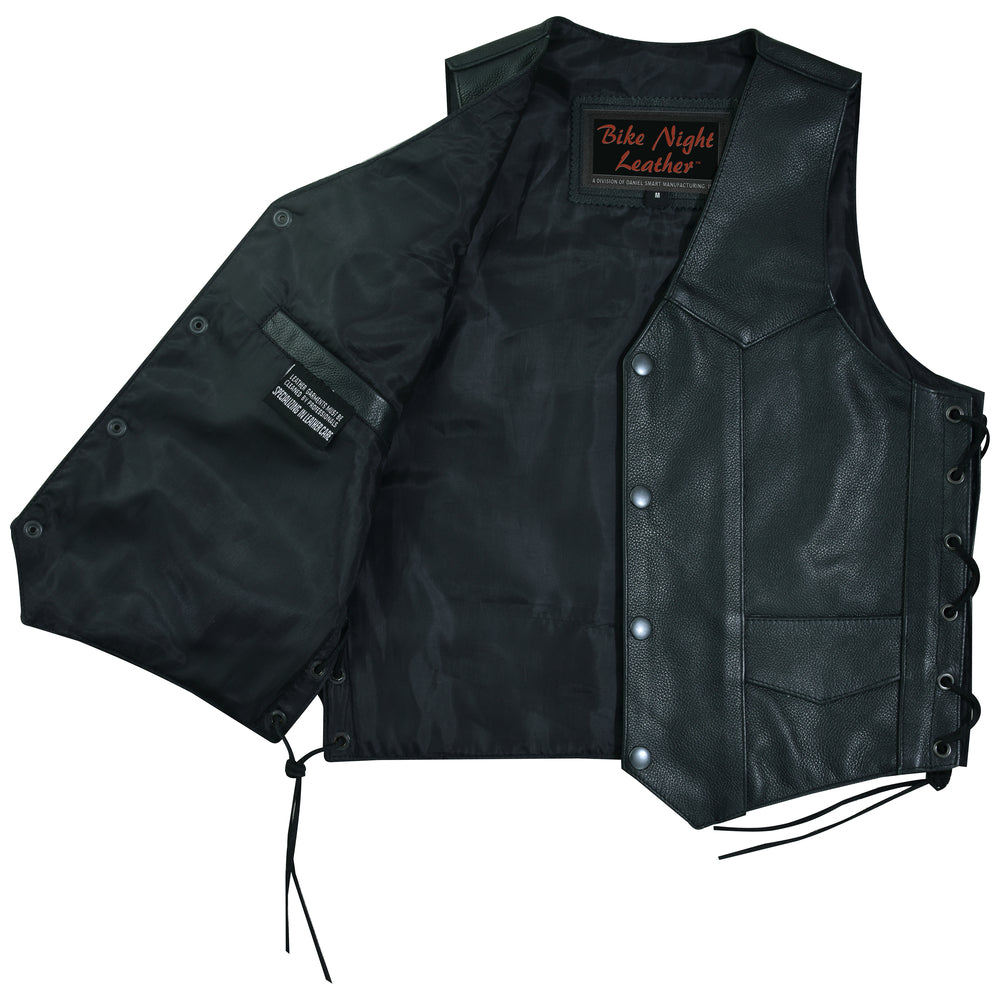 Black leather Daniel Smart Kids Traditional Style Side Lace Vest with snap buttons, displayed flat.