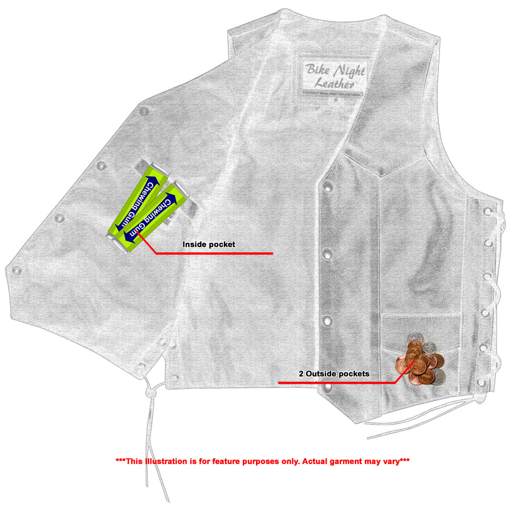 Illustration of a Daniel Smart Kids Traditional Style Side Lace Vest with a black satin liner, highlighting the inside pocket containing a pack of gum and two outside pockets with change, with a note mentioning that the actual garment may vary.