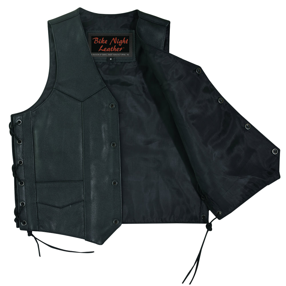 Daniel Smart Kids Traditional Style Side Lace Vest with open front view, crafted from Milled Promo Cowhide and lined with black satin.