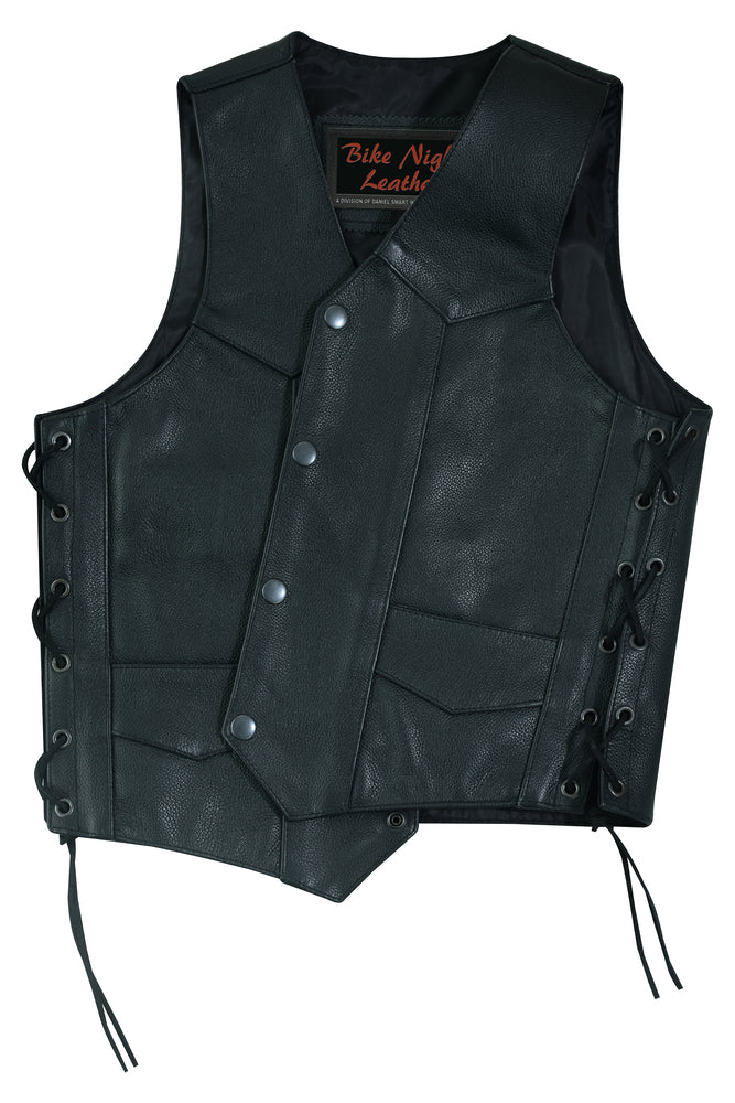 Daniel Smart Kids Traditional Style Side Lace Vest with lace-up sides and snap buttons, featuring a black satin liner.