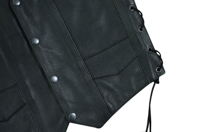 Close-up of a black leather Daniel Smart Kids Traditional Style Side Lace Vest with lace up sides and silver snap buttons, featuring a black satin liner.