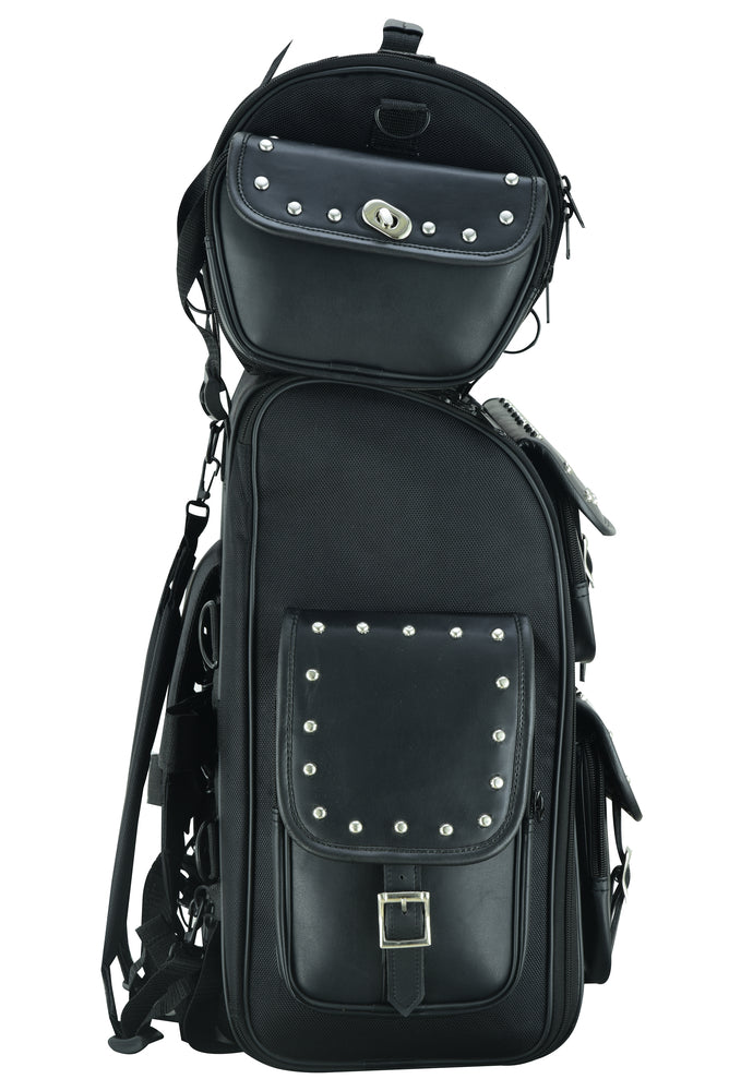 The Daniel Smart Updated Touring Back Pack With Studs is a black leather golf bag featuring multiple compartments, silver rivets, and a buckle on the front pocket. This water-weather resistant design can also double as a stylish motorcycle bag.