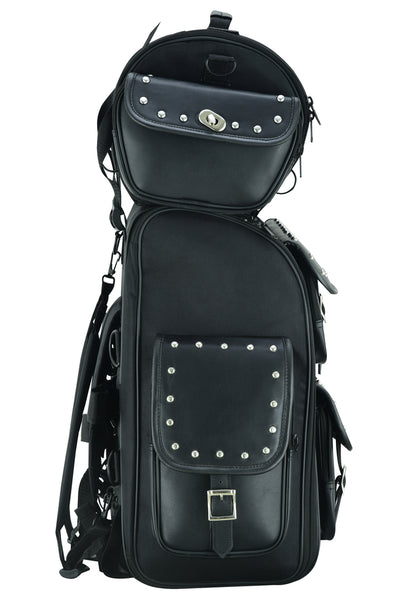 The Daniel Smart Updated Touring Back Pack With Studs is a black leather golf bag featuring multiple compartments, silver rivets, and a buckle on the front pocket. This water-weather resistant design can also double as a stylish motorcycle bag.