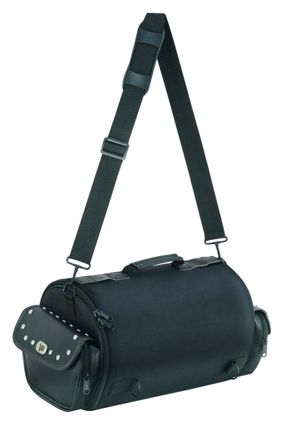 Introducing the Daniel Smart Updated Touring Back Pack With Studs! This black cylindrical shoulder bag features an adjustable strap, side compartments, and studded detailing on a small front pocket. Designed as the perfect motorcycle bag for any journey, it boasts water-weather resistance to keep your belongings safe.