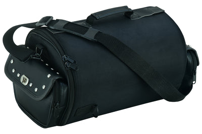 The Daniel Smart Updated Touring Back Pack With Studs is a black cylindrical duffel bag featuring metal studs, a shoulder strap, handles, and water-resistant fabric; perfect as a versatile motorcycle bag.