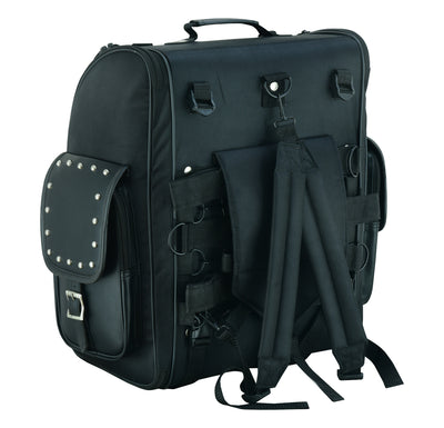 The Daniel Smart Updated Touring Back Pack With Studs is a black motorcycle bag featuring multiple compartments, a top handle, adjustable shoulder straps, and decorative metallic studs on the front flap pocket. This water-weather resistant backpack also offers adjustable mounting options for added versatility.