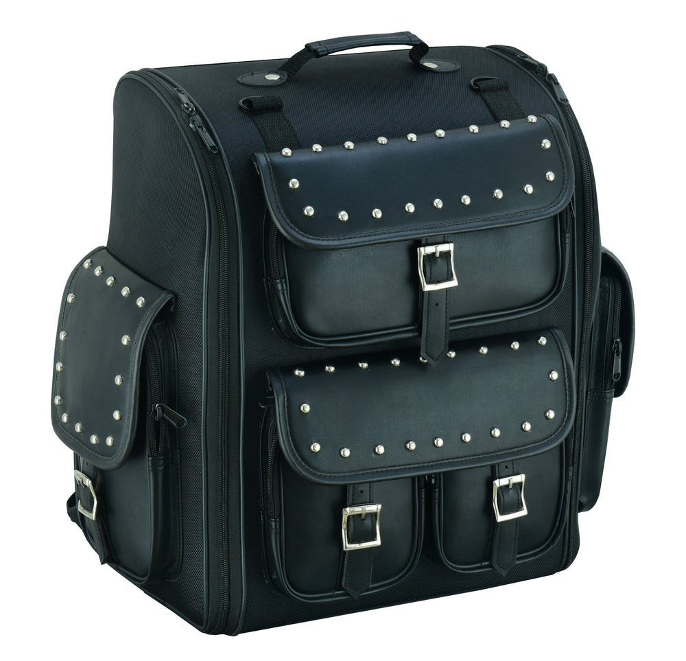 The Daniel Smart Updated Touring Back Pack with Studs is a black multi-pocket motorcycle bag, accented with silver studs and buckles, featuring adjustable mounting and water-weather resistant properties.