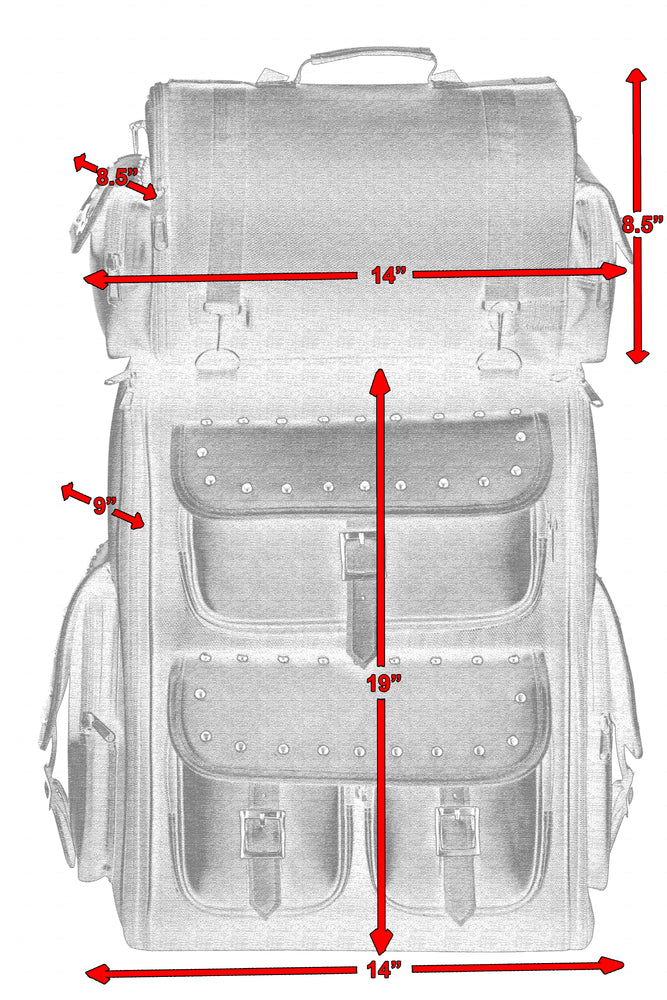 Front view of the Daniel Smart Updated Touring Back Pack With Studs with flap dimensions labeled: flap height 8.5 inches, width 14 inches; total height 19 inches; main body width 14 inches; side pouch height 9 inches. This water-weather resistant bag features adjustable mounting for versatility.